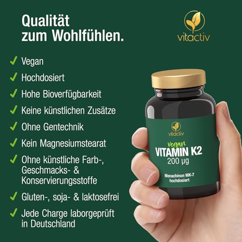 VITACTIV Vitamin K2 Tabletten 200 µg - 180 Stück (180) - Vitamin K2 MK7 All Trans Menaquinon - Für Knochen & Blutgerinnung, Alternative zu K2 Tropfen - Hochdosiert, hohe Bioverfügbarkeit, Vegan