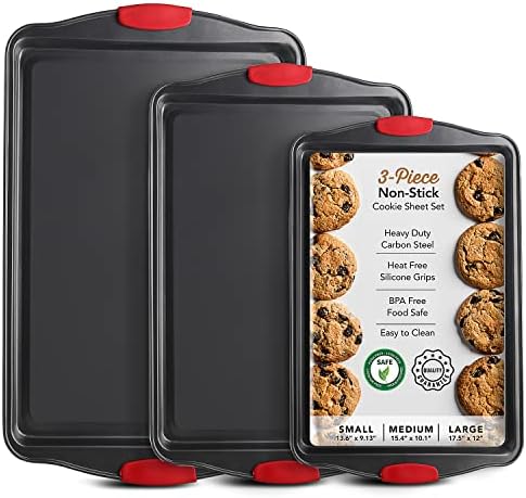 Baking Sheet Set, 3-Piece Cookie Sheet Set with Silicone Handles, Steel Baking Pans Set, Durable Baking Sheets for Oven, BPA Free Cookie Sheets for Baking Nonstick Set, Sheet Pan - Black Baking Pan
