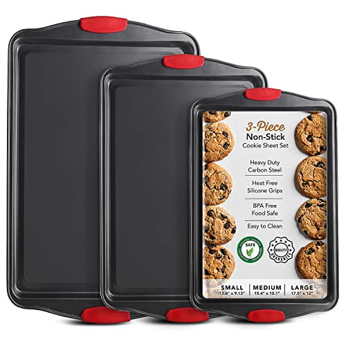 Baking Sheet Set, 3-Piece Cookie Sheet Set with Silicone Handles, Steel Baking Pans Set, Durable Baking Sheets for Oven, BPA Free Cookie Sheets for Baking Nonstick Set, Sheet Pan – Black Baking Pan