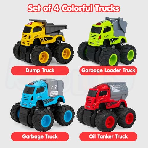 Image of Kidology Mini Trucks Toys Set of 4 | Push to Go Educational Toy Trucks Gift Set for Toddlers -Toy Vehicles with Flashing Lights & Music | Small Toys for Kids, Safe Non-Toxic Plastic