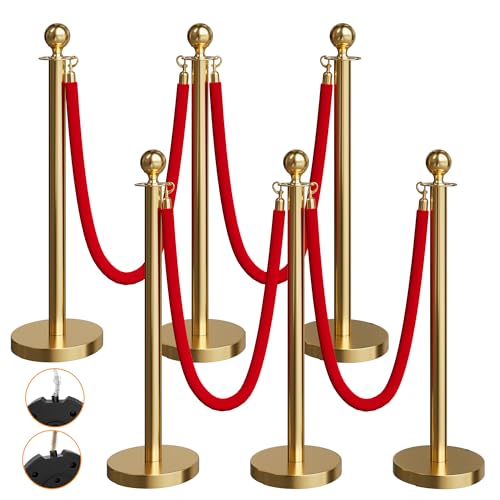 Image of 6 Pack Gold Stanchions and Velvet Ropes Set, Stainless Steel Crowd Control Barriers, 4Pcs Red Carpet Ropes and Poles for Party Supplies,Photobooth Accessories, Prom,Birthday,Business,Wedding, Museums