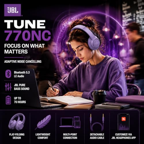 JBL TUNE 770NC - Adaptive Noise Cancelling with Smart Ambient Wireless Over-Ear Headphones, Bluetooth 5.3, Up to 70H battery life with speed charge, Lightweight, comfortable & foldable design (Purple) - image 5