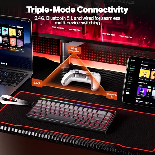 MEETION Vibekey68 Wireless Gaming Keyboard – Tri-Mode (2.4G/BT 5.0/USB-C) with Custom RGB Backlight, Side Light Bar, Durable ABS Side-Printed Keycaps, 68% Compact Anti-Ghosting Layout for Gamers,Black - Image 3