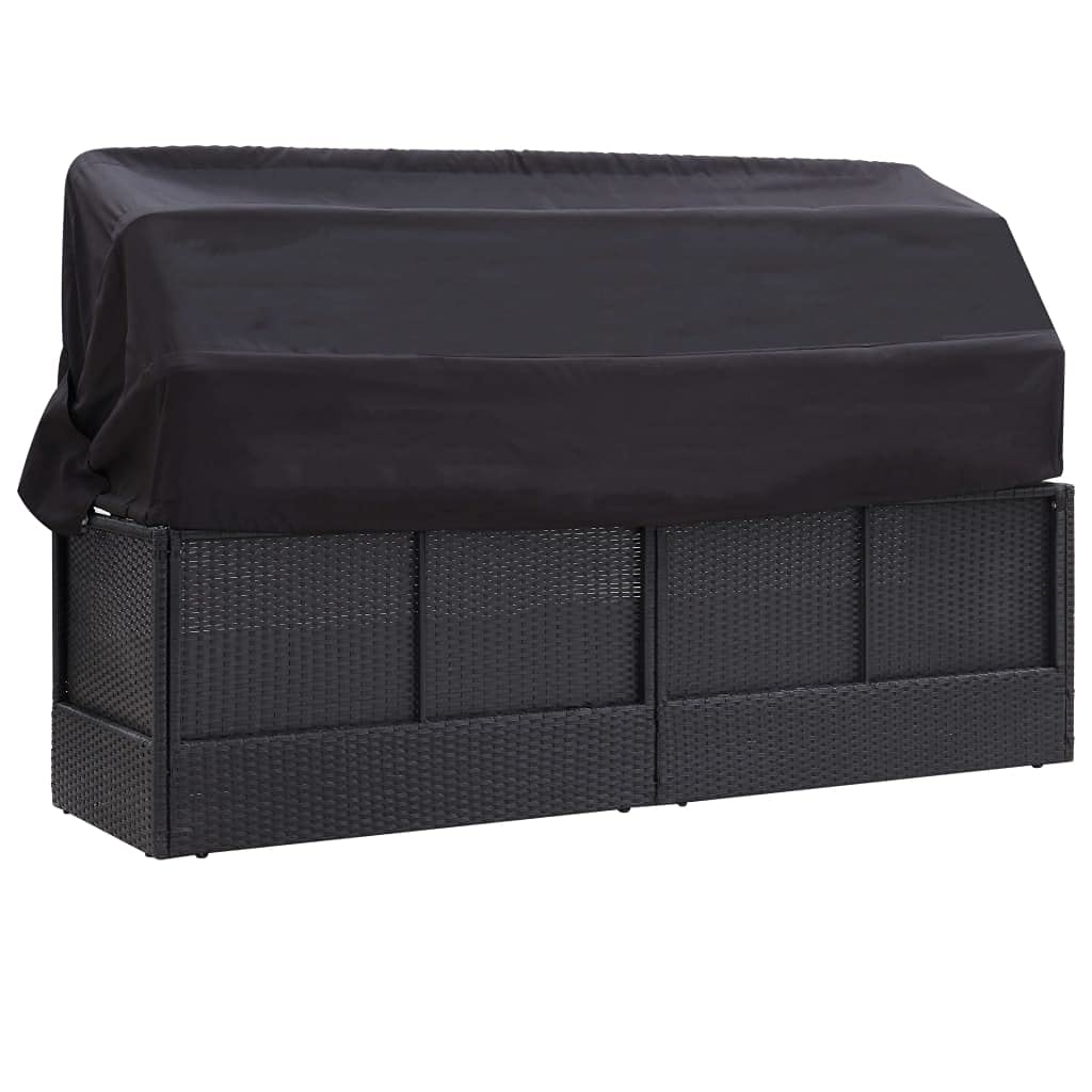 Lettino Prendisole con Baldacchino Nero Rattan PE 205x62x124 cm | Divano letto esterno in rattan PE con cuscino spesso 7 cm e struttura in acciaio, per giardino o piscina