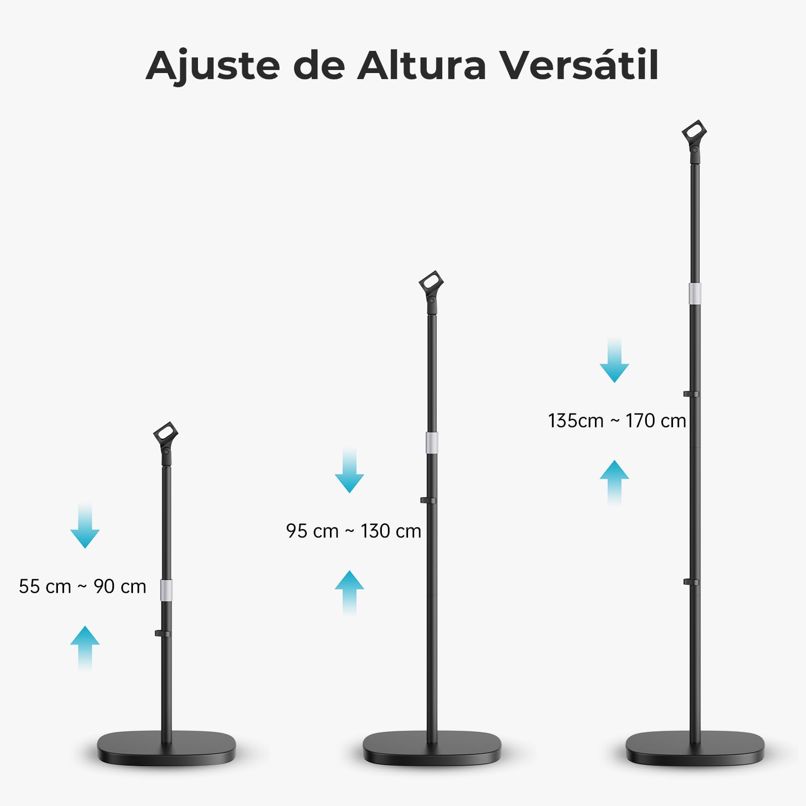 Soporte de Micrófono - Pie de Micro Universal con Base Ponderada Compacta + 2 Grapas Universales, Altura Ajustable de 55cm a 170cm para Karaoke en Casa, Actuaciones Callejeras y Escenarios