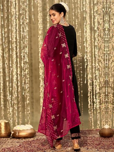 Image of INDO ERA Women's Cotton Blend Embroidered Straight Kurta & Pant with Dupatta Set