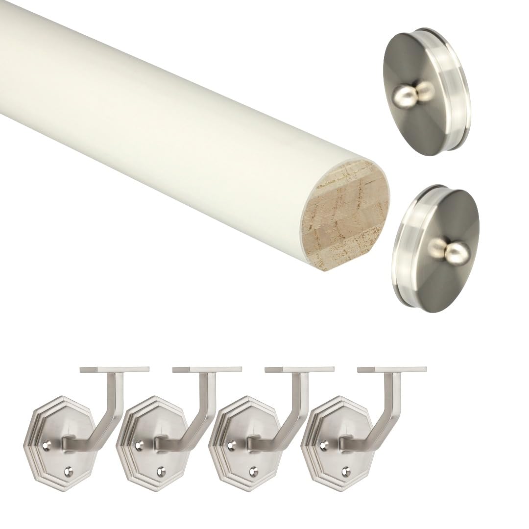 Jackson Woodturners White Primed Mopstick Handrail Kit with Nickel Octagonal Wall Brackets & Slim End Caps – Stair Handrail Kit (3600mm + 4 Wall Brackets)