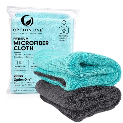 Image of OPTION ONE 1200 GSM Microfiber Cloth Car Cleaning Towel 60x40 cm 2 Pack Twisted Grey Blue Charcoal Grey Microfiber Towel Car Detailing Washing Drying Polishing
