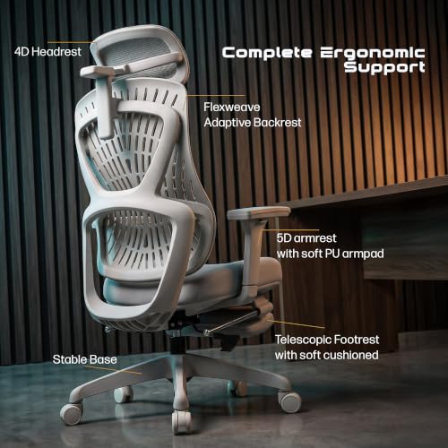 Image of DROGO Feather Node Premium Ergonomic Office Chair for Home & Work | FlexWeave Adaptive Backrest | Dynamic Lumbar Support | 5D Armrests | 4D Headrest | 135 Recline & Footrest - Grey