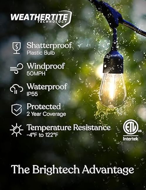 Brightech Ambience Pro ¨C Solar Power Remote Control Outdoor String Lights with Edison Bulbs ¨C Shatterproof, Commercial Grade LED Waterproof Patio Lights ¨C 1W, 3,000K, Hanging, 48 ft