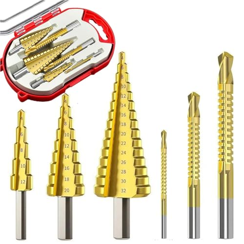 Image of Serplex 6PCS Step Drill Bits Set, HSS High Speed Steel for Stainless Steel, Metal, Wood, Plastic Drilling 4-32MM /4-20 MM /4-12MM /6MM /8MM /3MM with Case for Woodworking, DIY Lovers