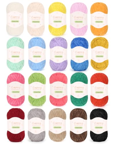 Image of Coopay 20 Colors Skinny Chenille Yarn for Crochet & Creative Craft Projects | Sport Weight Yarn Set (#2) - 1.76oz /156yds Each, Soft Crochet Yarn for Dolls, Blankets, Decorative Handmade Works