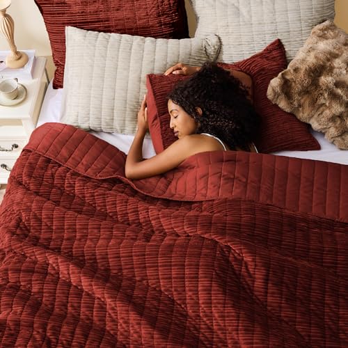 Image of Wonderful Corduroy Texture Reddish Brown Quilt Set Queen - Hypoallergenic Skin-Friendly Soft Plush Velvety Touch Bedspread, Classic Vertical Striped Lightweight Coverlet for All Season, 94 inchx94 inch