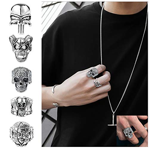 PANTIDE 16Pcs Vintage Silver Punk Rings Set for Men Women, Gothic Alloy Biker Adjustable Rings, Halloween Skeleton Skull Evil Eye Dragon Claw Octopus Dragon Knuckle Stacking Circlet Jewelry4