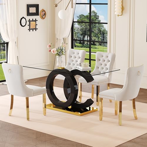 Glass Dining Table Set for 4, 63" Tempered Glass Top