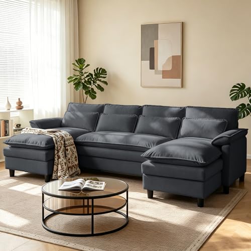 Portaforta Convertible Sectional Sofa, 110" U Shape Cloud Couch, Comfy Couches with Double Chaise and Sleepable Armrests, 4 Seats Sectional Sofa for Living Room, Dark Grey