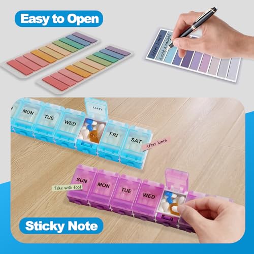 Push Button Weekly Pill Organizer, Medicine Pill Organizer with Label, Pill Box Case 7 Day BPA-Free, Pill Container for Vitamins, Fish Oil, Supplements Medication (Blue) — view 3