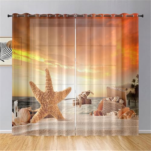Odot Cortinas de Translucidas Salon, Patrón Olas del Océano 3D Cortinas de Visillo para Ventanas 2 Piezas Cortina Ventana con Ojales para Dormitorio Comedor Habitacion (80x115cm,Estrella de mar)