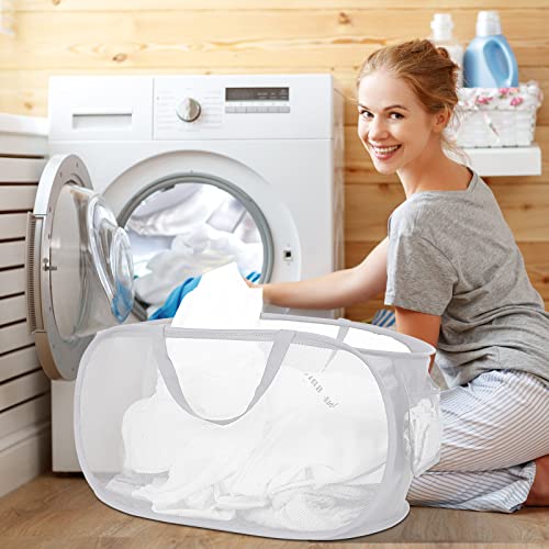 Image of Strong Mesh Pop Up Laundry Basket, Collapsible Laundry Hamper with Side Pocket, Foldable Clothes Hamper with Durable Reinforced Handles for Laundry, Bathroom, Kids Room, Dorm or Travel 2 Pack White