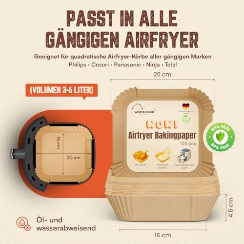 100 Stück extra stabile Backpapier für Ninja, Consori und Philips Airfryer, 16x16cm, 3-6 Liter Kapazität, Antihaft, Hoch