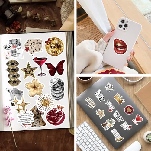 HMCEY 50 Pièces Autocollant Aesthetic Scrapbooking Rouge Doré,Journaling Stickers Vintage pour Bullet Journal,Rétro Autocollant Ordinateur Portable,Voyage Sticker pour Bouteille pour Valise, Casque – vue 6