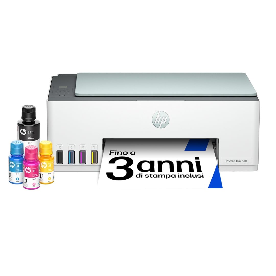 HP Smart Tank 5108 5D1B3A, Stampante Multifunzione A4 con serbatoio di inchiostro ad alto volume di stampa, Fronte/​Retro Manuale, Scansione, Copia, 12 pagine per minuto, Wi-​Fi, HP Smart, Eucalipto