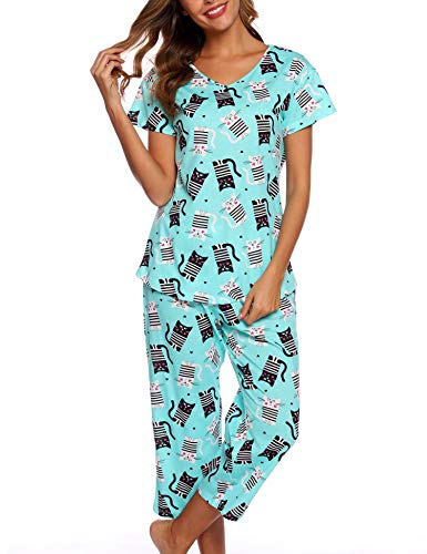 Image of ENJOYNIGHT Womens Pajama Sets Cotton Pj Set Short Sleeve Top With Capri Pants Sleepwear 2 Piece Lounge Set
