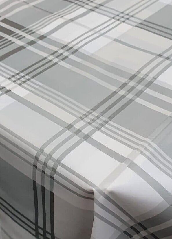 Designers247 Plain Silver Grey White Highland Check PVC Plastic Vinyl Table Cloth Tartan Checked Striped Party (160cm x 140cm Rectangle 63" x 54" inches)
