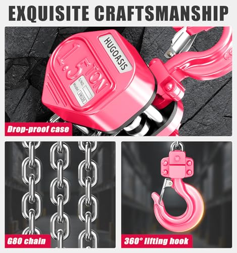 HUGOASIS Mini Lever Hoist 1-1/2 TON 3300 LBS Capacity 10FT Lift, Portable Aluminum Ratchet Chain Hoist with G80 Alloy Steel Chain, Dual Brake Hand Chain Puller for Lifting & Pulling,Pink by HUGOASIS - Image 4