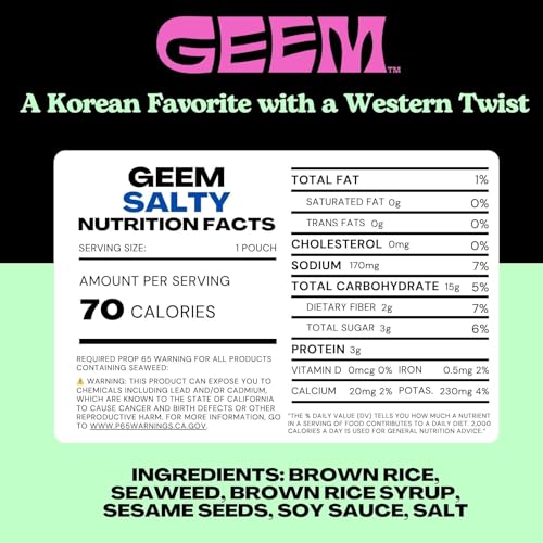 GEEM Seaweed Snacks &ndash; Korean Seaweed Chips with Rice Crisps & Sesame | Crunchy, Oil-Free Snack | Vegan, Non-GMO | Great for Kids & Adults | Salty 4-Pack