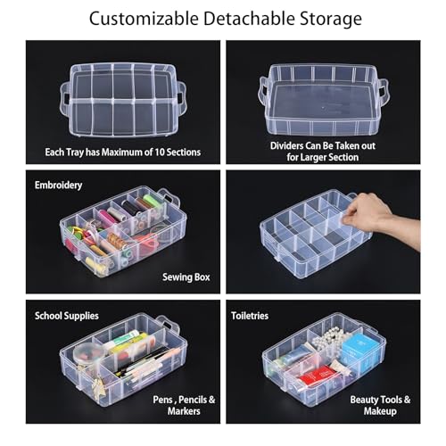 Image of Vababa Clear 3-Tier Stackable Storage Containers with Adjustable 30 Compartments, Jewelry Sewing Storage Box with Handle