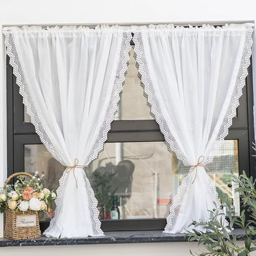 Yaland Rideau frange effet lin avec délicat bord ondulé en dentelle pour cuisine, salon, balcon, style maison de campagne, 1 pièce, blanc, largeur 80 x 100...