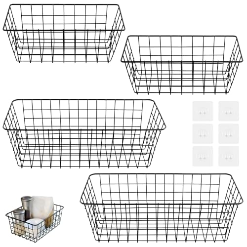 CHUENKUK Lot de 4 Paniers Muraux Grillagés en métal noir, Grid étagères Murales Droites, 28 x 12 x 12 cm et 38,5 x 15,5 x 14 cm, Pour cuisine, salle de bain,...