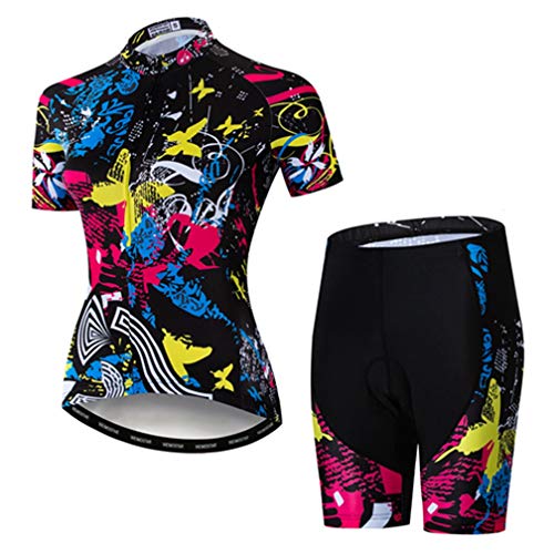 WeimoMonkey Women's Short Sleeve Cycling Jersey Quick Dry MTB Clothing Bike Top + 3D Shorts Set Multicolor L