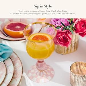 Mackenziechildsstemmedwineglassdecorativewineglassware16ouncespinkandwhiterosycheck Urban Country Home Decor Mackenzie childs stemmed wine glass decorative wine glassware 16 ounces pink and white rosy check urban country home decor