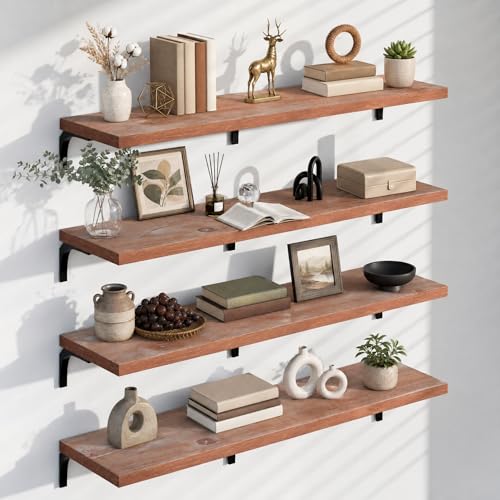 Image of 12 Inch Deep Floating Shelves Set of 4, 60 Inch Extra Long Brown Solid Wood Wall Shelves, 5ft Heavy Duty Farmhouse Wall Mounted Shelving for Kitchen, Living Room & Bedroom