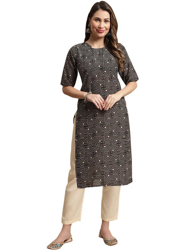 Pinkmint Kurta Set For Women Cotton Printed Knee Length Straight Round Neck Kurti With Pant (Pack Of 1) Black-Cream