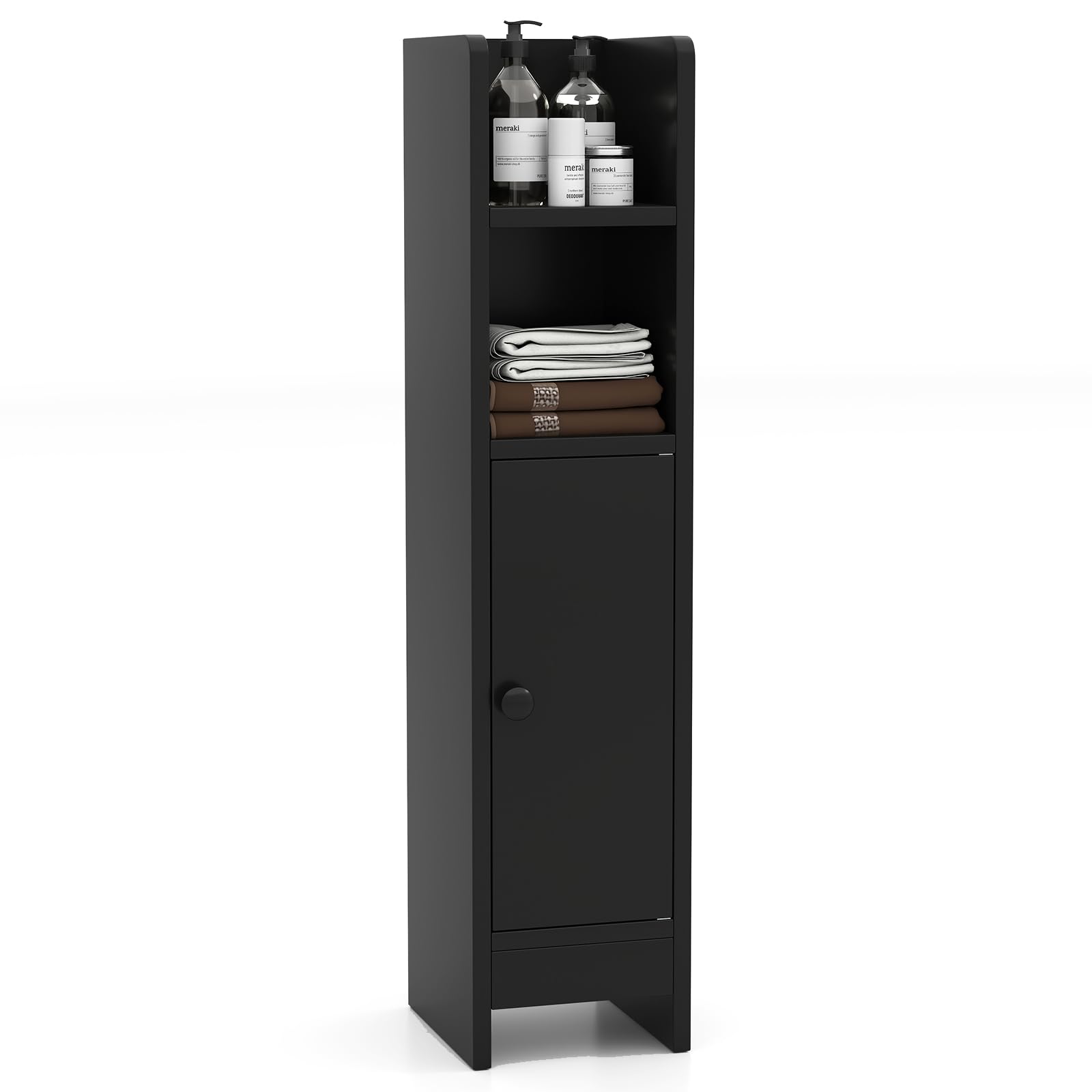 COSTWAY Slim Bathroom Floor Cabinet, Narrow Bathroom Storage Unit with Door and 4/5-Tier Shelves, Freestanding Toilet Paper Holder Cupboard Organiser for Small Space (1 Adjustable Shelf, Black)