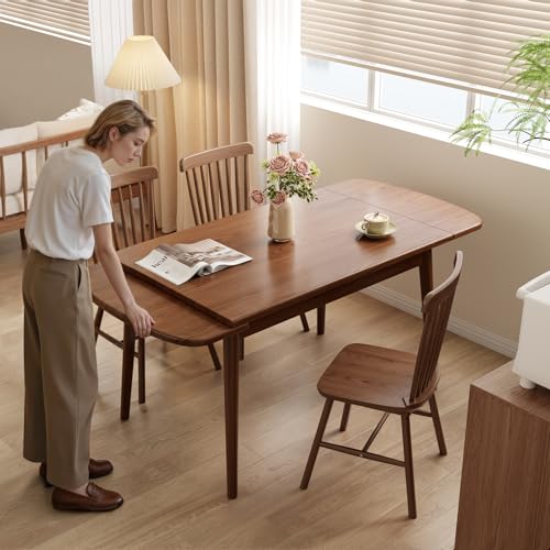 Image of Solid Wood Extendable Dining Table for 4-8, 47.2 inch to 70.8 inch Expandable Table, Easy Assembly Extendable Dining Room Table, 3-in-1 Design, Ideal for Dining Room, Kitchen, Living Room (Walnut)