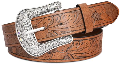 Western Belts Vintage Cowgirl Cowboy Country Belt for Woman Men Gifts, Carved Buckle-Belts for Jeans Pants Dresses