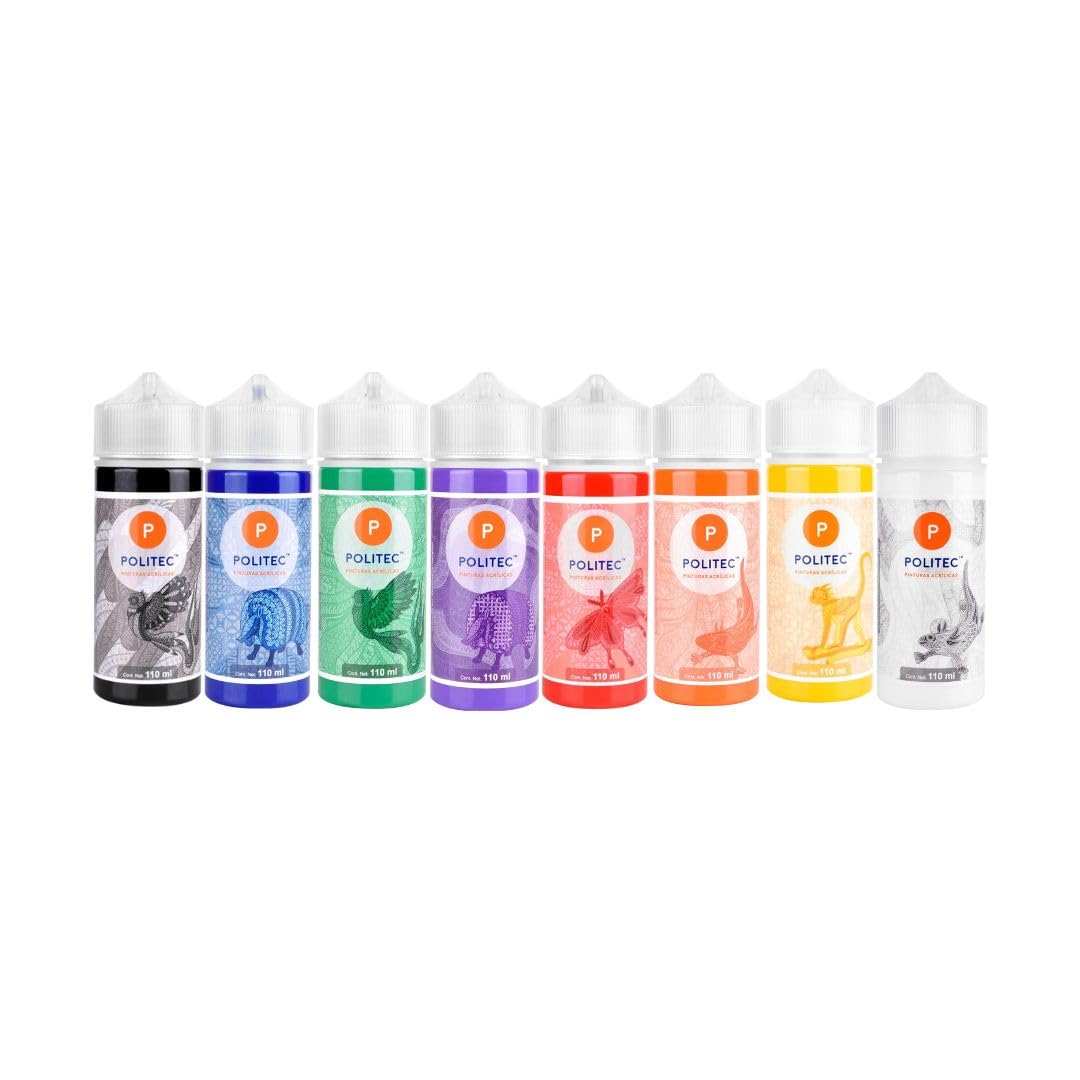 Politec Pinturas Acrílicas Colores Primarios y Secundarios + Blanco y Negro 8 x 110 ml Premium, Set de Colores para Pintar en Lienzo, Madera, Papel, Piedra y Manualidades