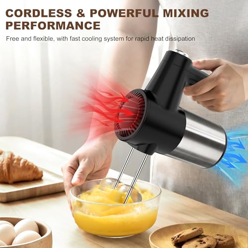 Batteur à Main Sans Fil, Batteur Électrique Polyvalent avec 7 Vitesses, Affichage Digital, 6 Accessoires en Acier Inoxydable 2 Batteurs, 2 Fouets, 2 Crochets à Pâte et Base de Stockage – Image 3