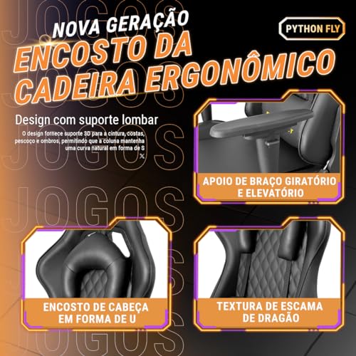 Cadeira Gamer Python Fly Deluxe, Design Ergonômico, Ajuste De 90-150 Graus, Design Preto E Dourado
