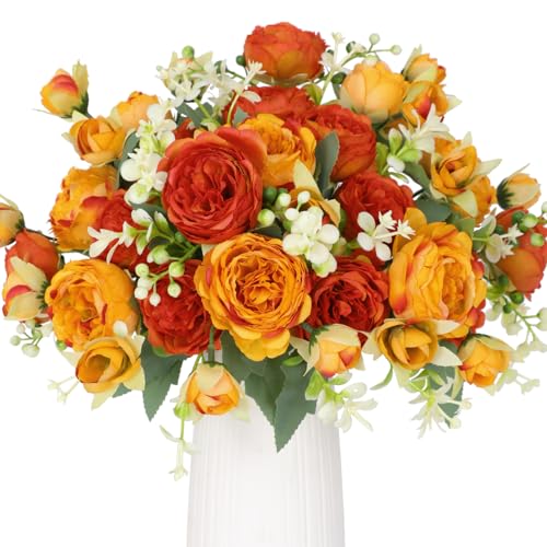 Floweroyal 4 mazzi di peonie artificiali, fiori arancioni gialli, peonie in seta, bouquet per matrimoni, feste, centrotavola, composizioni floreali, decorazione per la casa e la cucina.