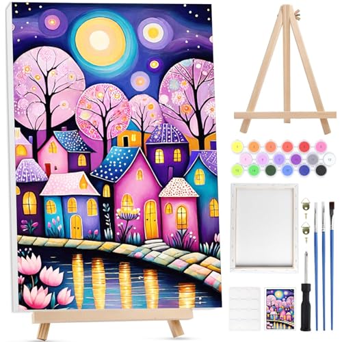 BOWETILE Paisajes Pintar por Numeros Adultos Niños Principiantes con Marco&Caballete de Madera,Castillo Kit Cuadros para Pintar por Numeros,Pintura Acrilica Manualidades Adultos para Decoración20x30cm