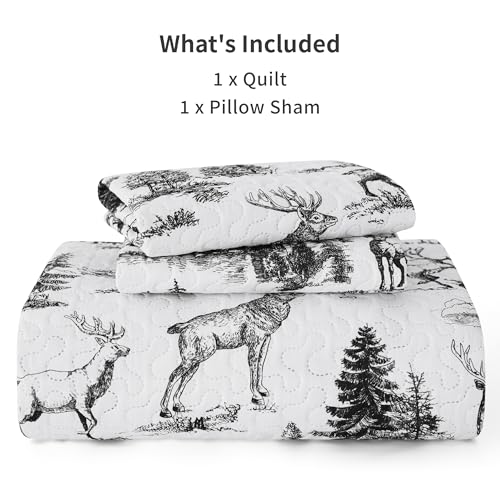 PPOLCA Rustic Twin Quilt Bedding Set, Christmas Lightweight Reversible Cabin Deer Bedspread Coverlet, 2-Piece Lodge Bed Cover Quilt with 1 Pillow Sham for All Season, White and Black by PPOLCA - Used condition - Image 6