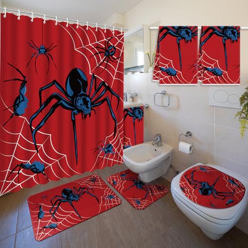 Nuanchu 6 Pcs Spider Shower Curtain Set with Rug Bathroom Sets with Shower Curtain Bath Mat U Shaped Mat Toilet Lid Cover 2 Bath Towels and 12 Hooks Red Black Spider Web Bathroom Decor