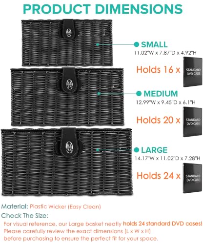 Image of Set of 3 Woven Storage Basket Box Wicker Hamper Stackable Bin with Lid & Lock, Built-in Carry Handles, Organizer for Nursery, Baby Closet, Diaper, Toys, Home, Office, Laundry, DVD (Black)