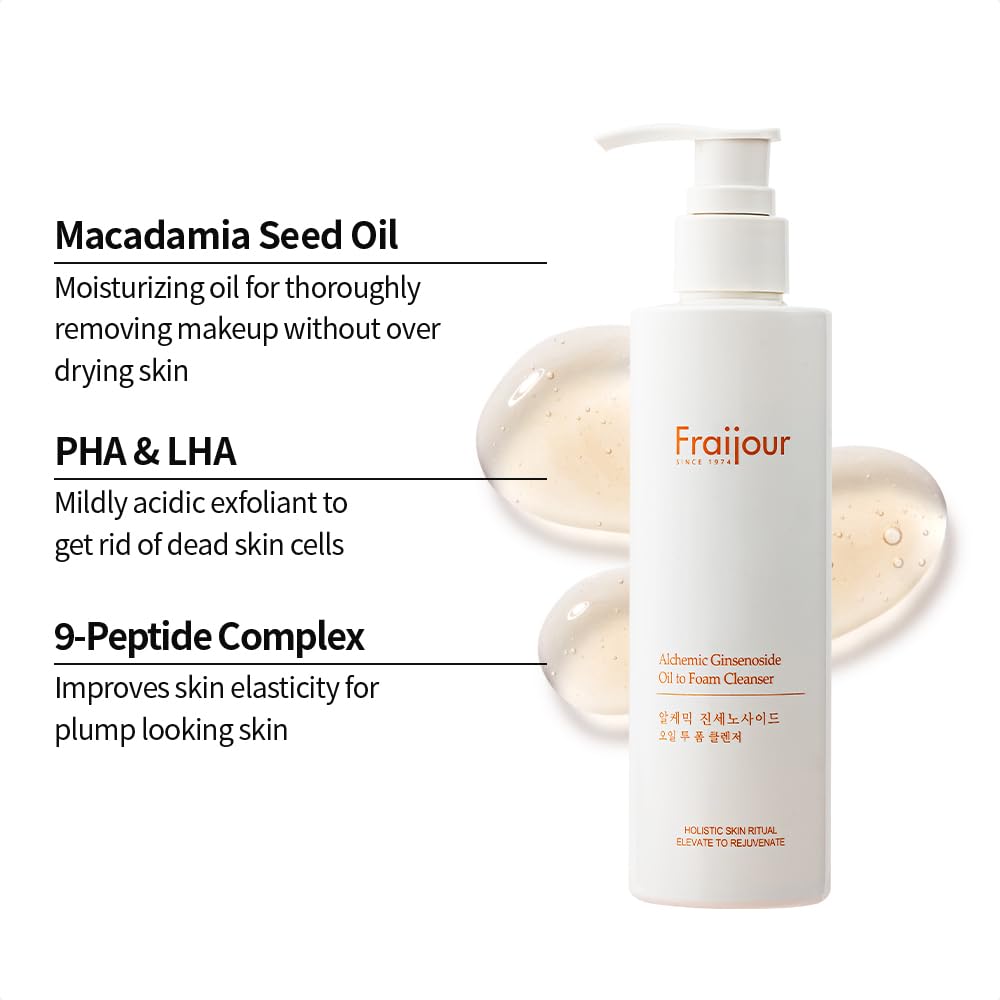 Fraijour Alchemic Ginsenoside Oil to Foam Cleanser – Oil-to-Foam Facial Cleanser with Ginsenoside, PHA & LHA, Gently Removes Makeup & Impurities, Hydrating & Exfoliating, 7.41 oz.
