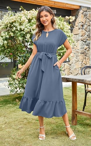 Image of ECOWISH Womens Casual Midi Dresses Solid V Neck Short Sleeve Button Shirt Belted Dress with Pockets for Spring Summer 2026